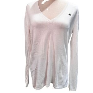 Lacoste White V Neck Long‎ Sleeve Cotton Sweater Women 42 Medium 100 Cotton
